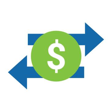 A green dollar sign overlapping two blue arrows